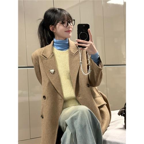 鹿月欣高級西裝領毛呢大衣女秋冬韓版廓形羊毛呢子長款外套雙排扣