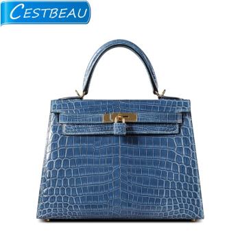 cestbeau純手工縫制鱷魚肚皮凱莉28文藝知性牛仔藍真皮女士手提包