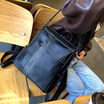牛皮女韓版車縫線百搭雙肩包