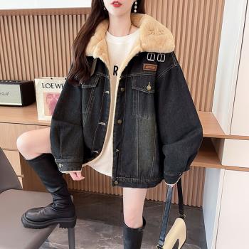 加絨加厚牛仔棉服外套女冬季2024新款洋氣百搭寬松休閑派克服棉衣