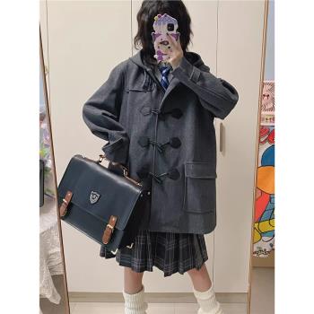 jk制服牛角扣大衣女冬季日系學院風連帽毛呢外套女小個子中長款