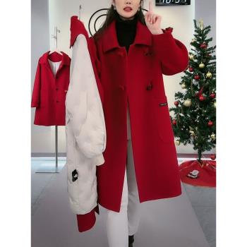 雙面羊絨大衣女紅色2023冬季新款可拆卸羽絨服內膽毛呢羽絨服外套