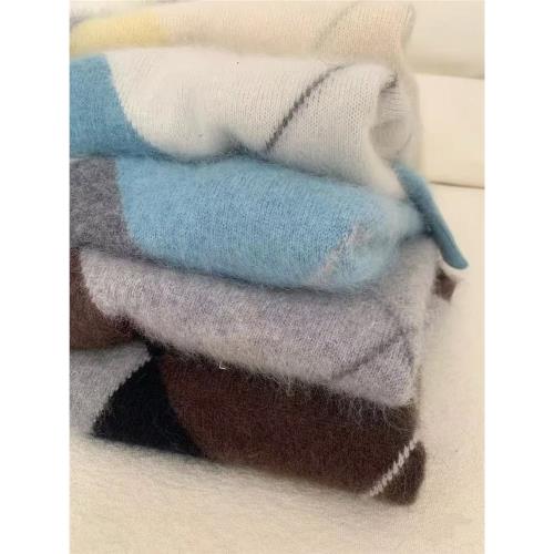 拼色圓領長袖拉絨山羊絨針織衫女加厚毛衣親膚顯瘦長毛羊毛打底衫