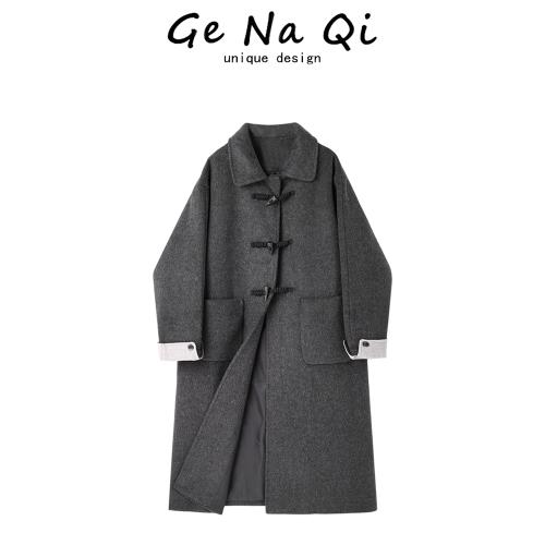 GeNaQi牛角扣毛呢大衣女2024冬季新款高級感時尚氣質百搭長款外套