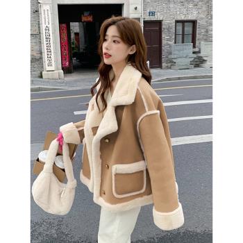 綠色麂皮絨羊羔毛棉服外套女秋冬2024新款皮毛一體小個子加絨棉衣