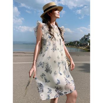 新中式蝴蝶印花連衣裙夏季女2024新款飛飛袖新中式盤扣中長裙
