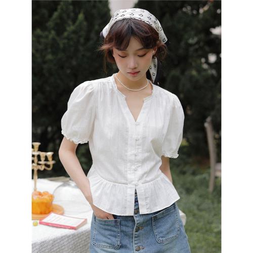 MUNNS原創法式白色純棉v領短袖襯衫女夏高級感短款泡泡袖減齡上衣
