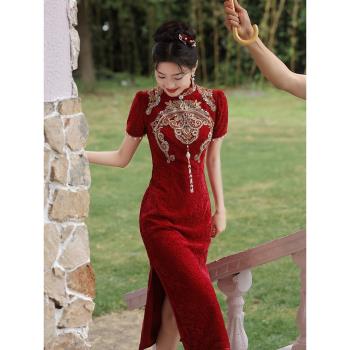 旗袍敬酒服新娘小個子酒紅色訂婚禮服連衣裙中式改良結婚蕾絲顯瘦