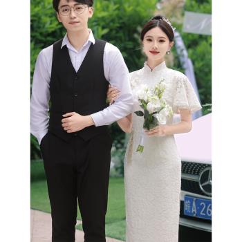 白色領證登記旗袍晚禮服小個子訂婚連衣裙中式高階感改良蕾絲修身