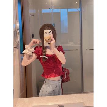 方領娃娃衫女夏修身短款ins花邊