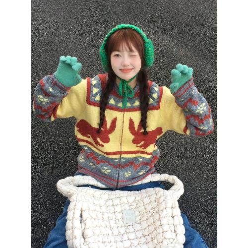 費爾島毛衣女秋冬加厚兔子提花拉鏈開衫慵懶風寬松軟糯針織衫外套