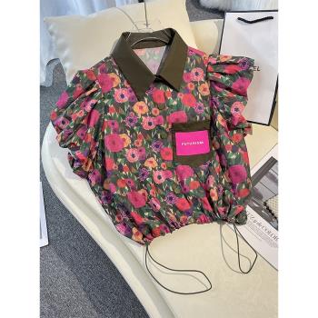 法式復古高級感泡泡袖碎花襯衫女士短款設計感小眾港味Polo領襯衣
