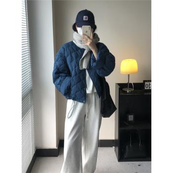 寬松短款輕薄無領華夫格羽絨服