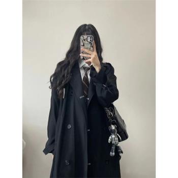 黑色英倫風衣外套女2024春秋新款日系中長款垂感大衣小個子高階感