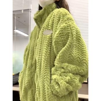 綠色羊羔毛絨刺繡拉鏈外套女秋冬韓系慵懶風毛茸茸超好看加厚棉服