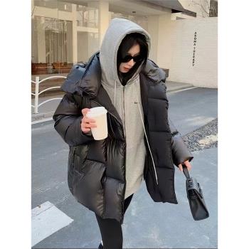 黑色連帽90白鵝絨短款羽絨服女2024冬季新款寬松小個子加厚麵包服