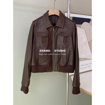 ZHANGSTUDIO "古著女神"真皮綿羊皮復古夾克外套女短款機車服中古