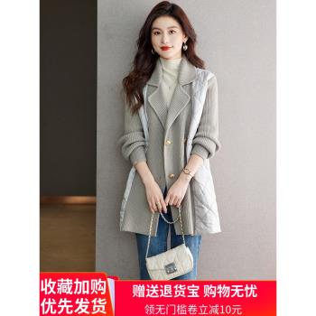 高階針織拼接棉服外套女2024年新款小個子外搭韓版羊毛夾棉大衣潮