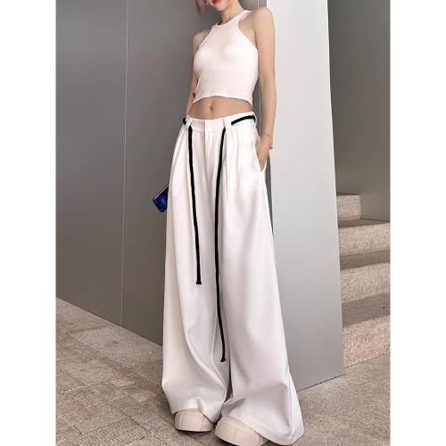 慵懶風白色闊腿褲2025春新款女裝抽繩設計感直筒顯瘦垂感休閑褲