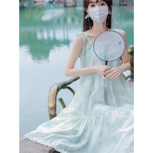 花崎鹿原創吊帶大擺裙青黛薄荷國風扎染清新綠度假海邊長裙寬松