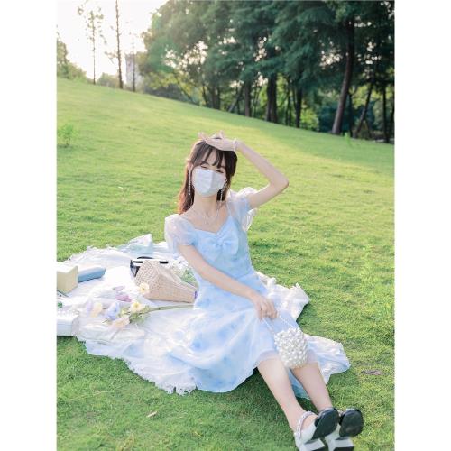 花崎鹿珍珠連衣裙夏季蝴蝶結