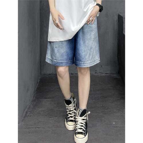 M家潮牌運動牛仔褲短褲女夏季新款中褲時尚寬松直筒褲休閑五分褲