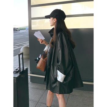 高階感撞色水洗皮衣女2024秋冪式穿搭袖口翻邊中長款酷颯風衣夾克
