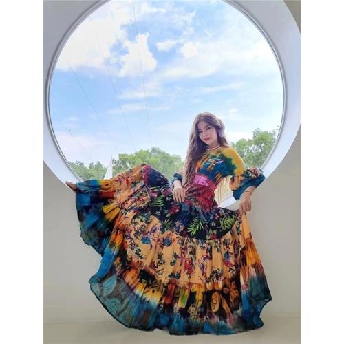 泰國純棉扎染拼接大擺裙荷葉邊碎花長款收腰連衣裙波西米亞民族風