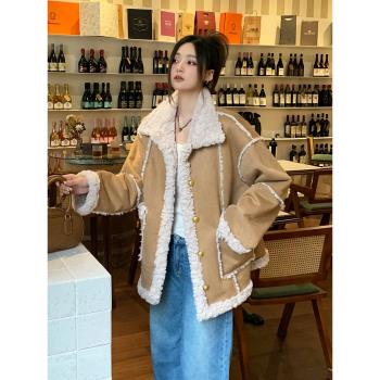 2024秋冬加厚翻領皮毛一體羊羔毛外套女慵懶高階感麂皮絨上衣棉服