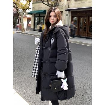 黑色牛角扣學院風90白鴨絨羽絨服女冬季2024新款韓版中長款高階感