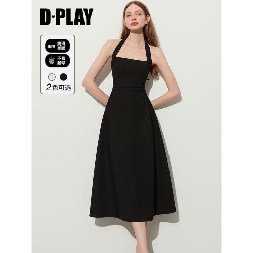DPLAY法式優雅經典黑掛脖腰部抽褶連衣裙收腰大擺小黑裙