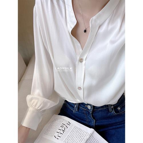 簡約立領寬松上衣重磅真絲襯衫
