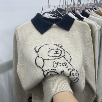 POLO秋冬季韓版拼接小熊寬松繡花