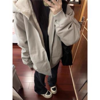 羊羔絨毛外套女秋冬季2024新款韓系寬松美式復古工裝加厚棉衣棉服