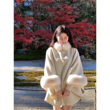 復古毛毛斗篷雙面呢外套女高級感寬松百搭羊毛大衣秋冬季2024新款