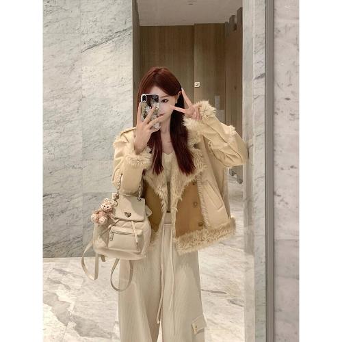 皮毛一體拼接羊羔毛短外套女設計高級感小眾毛毛絨夾克機車服冬季