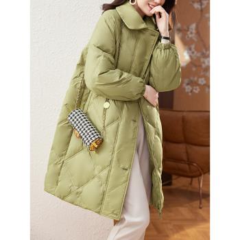 輕薄羽絨服女中長款2024新款冬季媽媽寬松休閑時尚翻領白鴨絨外套