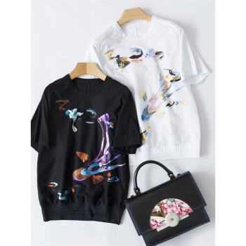 雙魚MM037圓領上衣短袖百搭刺繡