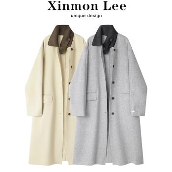 XinmonLee慵懶風設計感拼接撞色翻領長款毛呢外套秋冬氣質雙面呢