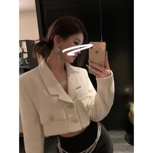 FFmiss◆小香風白色亮絲羊毛呢西裝外套女洋氣粗花呢亮片短款開衫