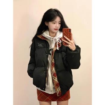 羽絨棉服女2024年冬季新款小個子格子外套學院風寬松棉衣復古棉襖
