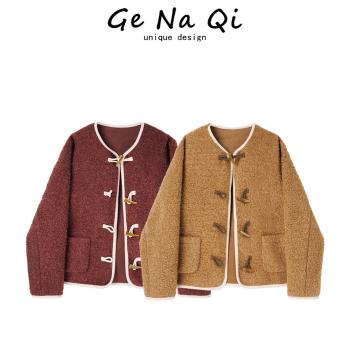 GeNaQi2024冬季新款牛角扣設計感短款上衣女小香風高級感顯瘦外套