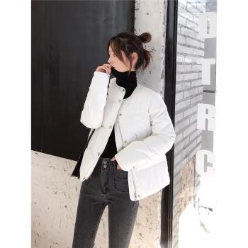 圓領羽絨服女2024年冬季新款韓版加厚修身90白鴨絨短款麵包服外套
