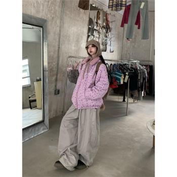0918很秀粉色翻領羊羔絨短款棉服外套女2024秋冬季美式保暖麵包服