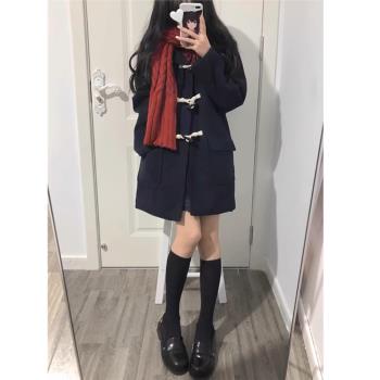 JK制服牛角扣大衣女冬季日系學院風小個子連帽毛呢外套夾棉加厚