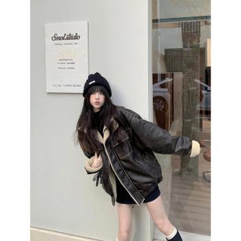Cuitcuit 秋冬pu面美拉德翻領皮夾克美式復古寬松加厚羊羔絨棉服