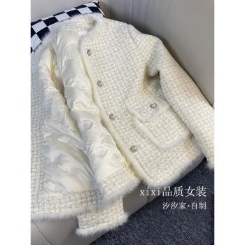 小香風2024新款水貂毛粗花羽絨服