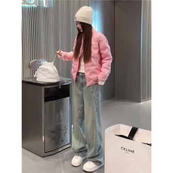 粉色壓印菱格短款羽絨服女2024年冬季設計師款加厚百搭羽絨衣外套