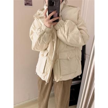 加厚保暖棉服女2024冬季新款小個子牛角扣短款棉衣外套設計感棉襖