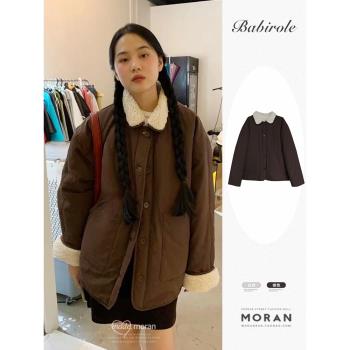 兩面穿羊羔毛棉服外套女翻領冬季夾棉加厚保暖中長款寬松復古慵懶